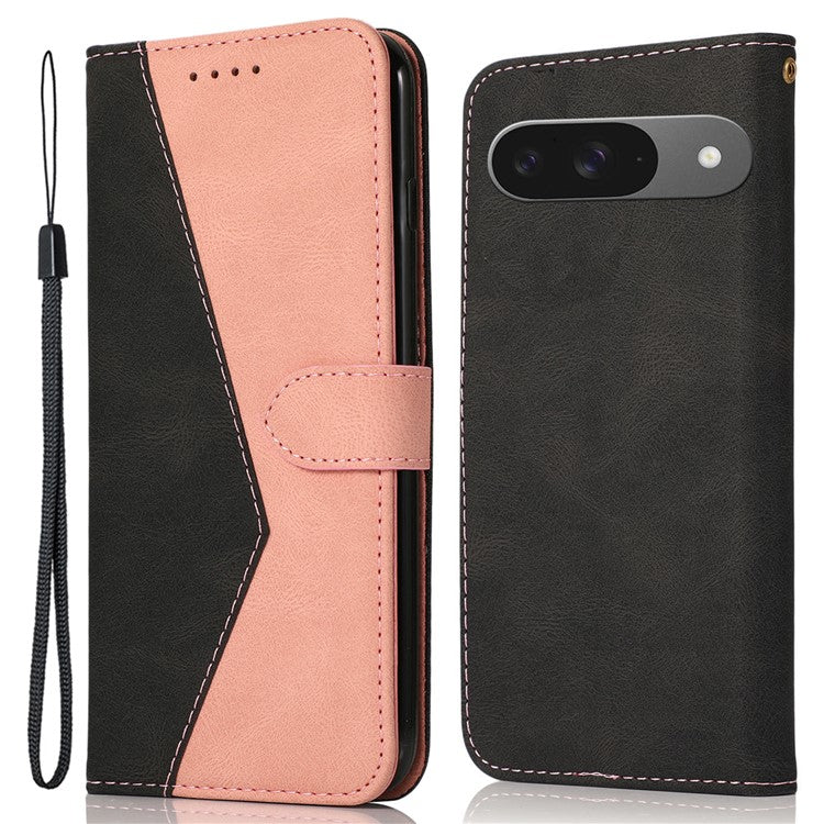 For Google Pixel 9 / Pixel 9 Pro Cover Color Splicing Wallet Stand Leather Phone Case with Wrist Strap - Black+Rose Gold