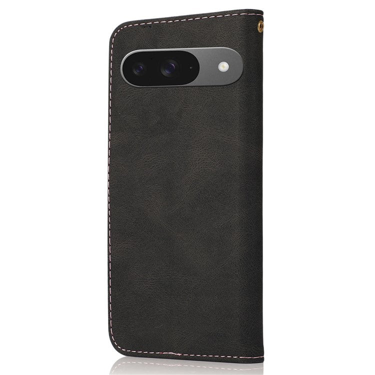 For Google Pixel 9 / Pixel 9 Pro Cover Color Splicing Wallet Stand Leather Phone Case with Wrist Strap - Black+Rose Gold