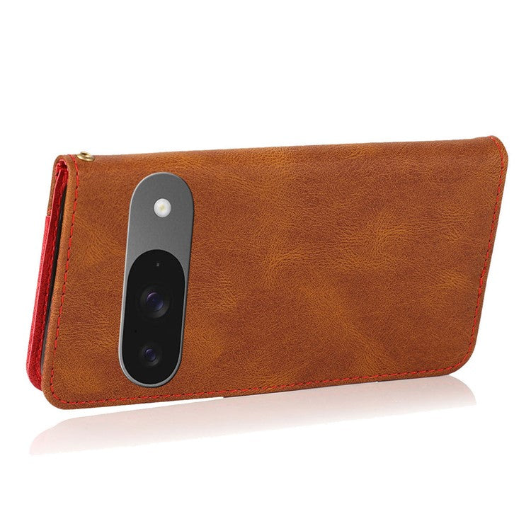 For Google Pixel 9 / Pixel 9 Pro Cover Color Splicing Wallet Stand Leather Phone Case with Wrist Strap - Brown+Red