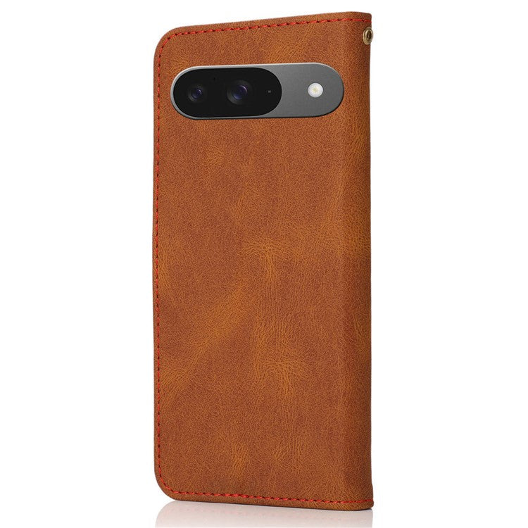 For Google Pixel 9 / Pixel 9 Pro Cover Color Splicing Wallet Stand Leather Phone Case with Wrist Strap - Brown+Red