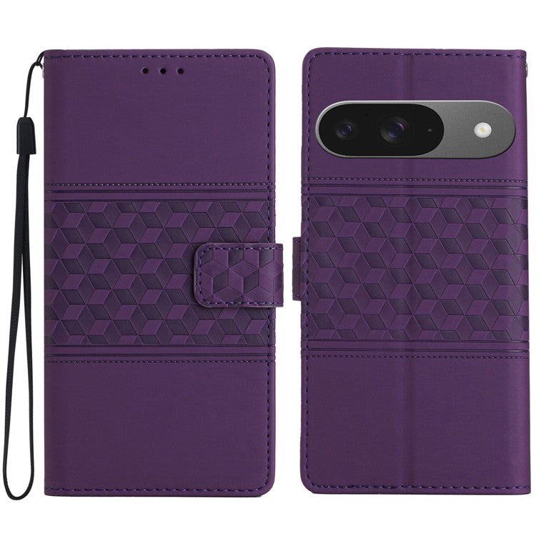For Google Pixel 9 / Pixel 9 Pro Case Rhombus Leather Horizontal Flip Phone Cover - Purple