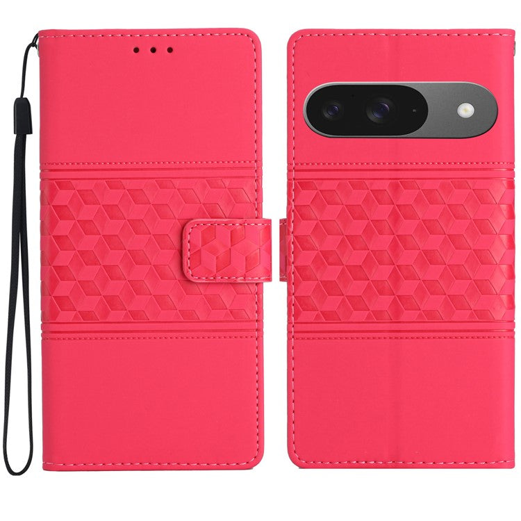 For Google Pixel 9 / Pixel 9 Pro Case Rhombus Leather Horizontal Flip Phone Cover - Rose
