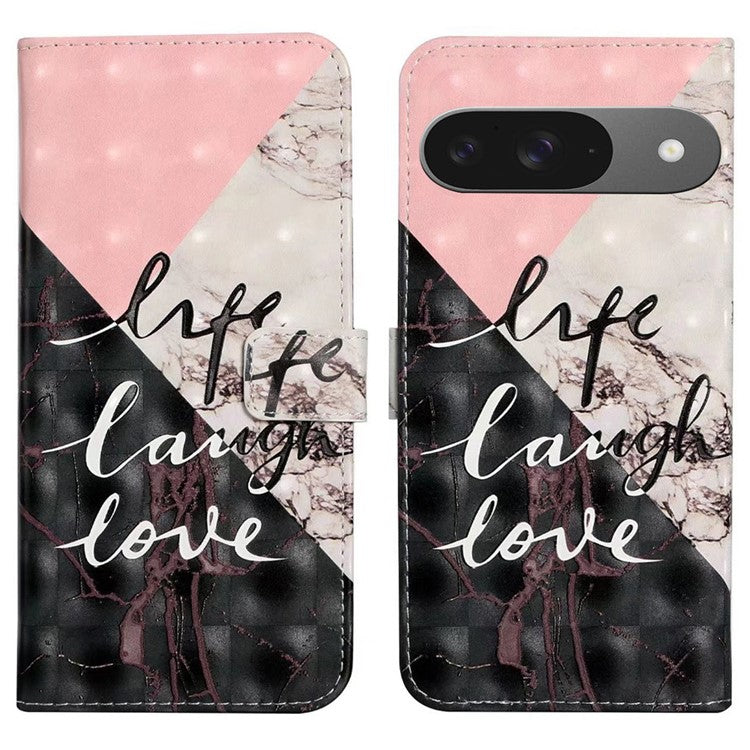 For Google Pixel 9 / Pixel 9 Pro Case 3D Creative Pattern PU Leather Stand Phone Cover - Tri-Color Marble