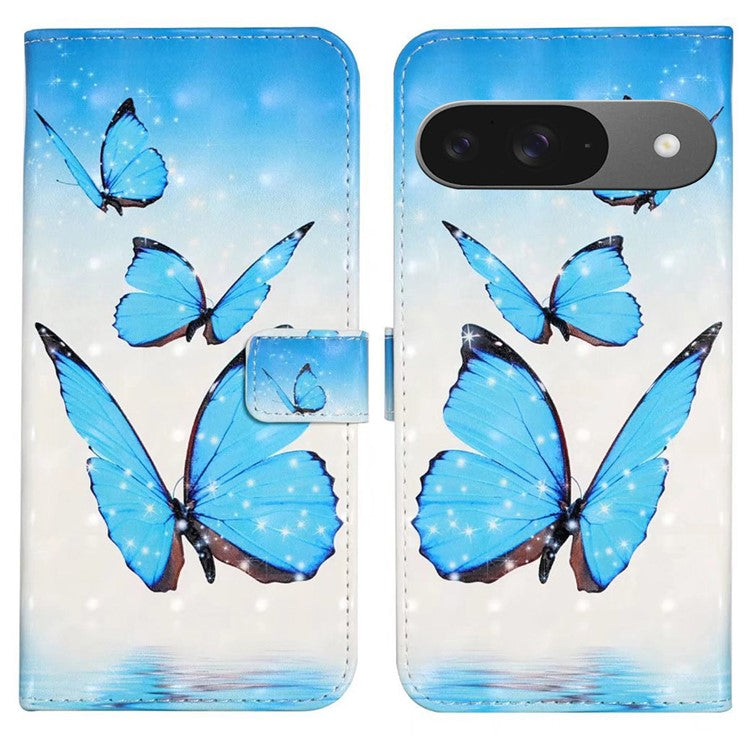 For Google Pixel 9 / Pixel 9 Pro Case 3D Creative Pattern PU Leather Stand Phone Cover - Three Butterflies