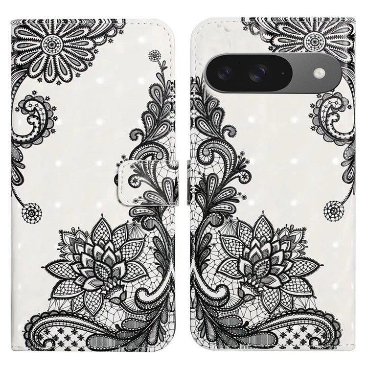 For Google Pixel 9 / Pixel 9 Pro Case 3D Creative Pattern PU Leather Stand Phone Cover - Lace Flower