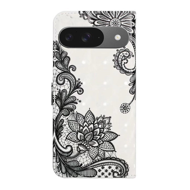 For Google Pixel 9 / Pixel 9 Pro Case 3D Creative Pattern PU Leather Stand Phone Cover - Lace Flower