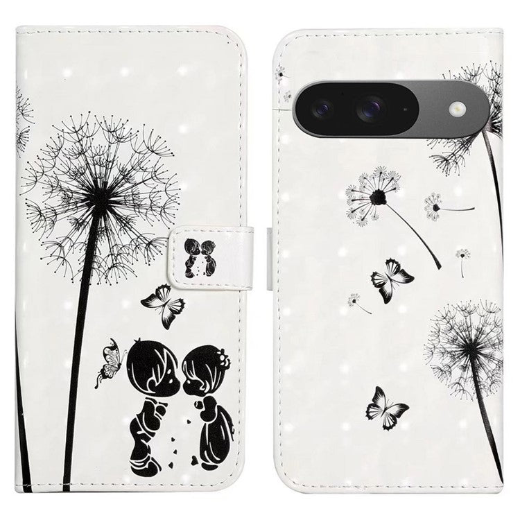 For Google Pixel 9 / Pixel 9 Pro Case 3D Creative Pattern PU Leather Stand Phone Cover - Kids and Dandelion