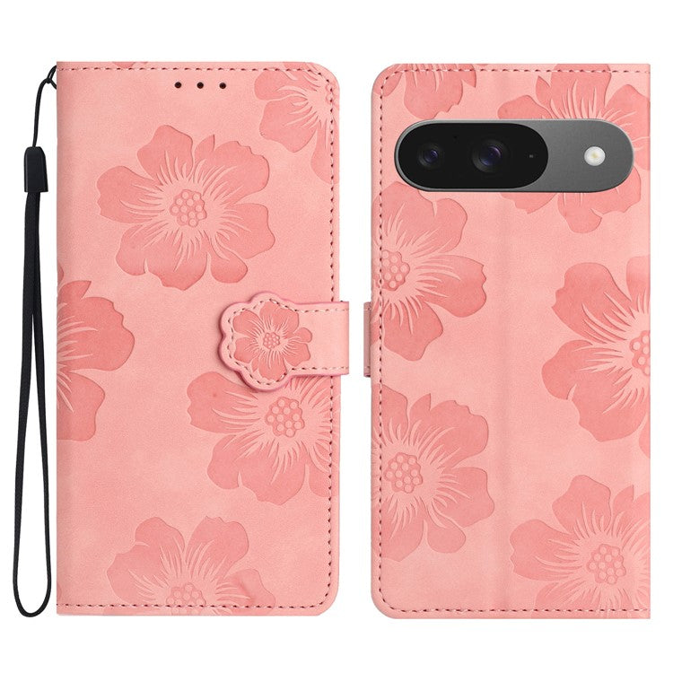For Google Pixel 9 / Pixel 9 Pro Case Flower Design Leather Wallet Phone Cover with Wrist Strap - Pink