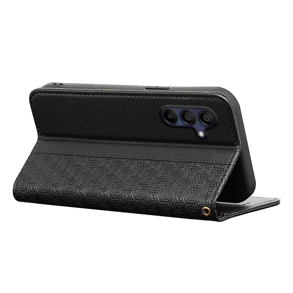 For Samsung Galaxy A16 5G / A16 4G Wallet Phone Case Strong Magnetic Checkered Pattern Imprint Leather Flip Cover - Black