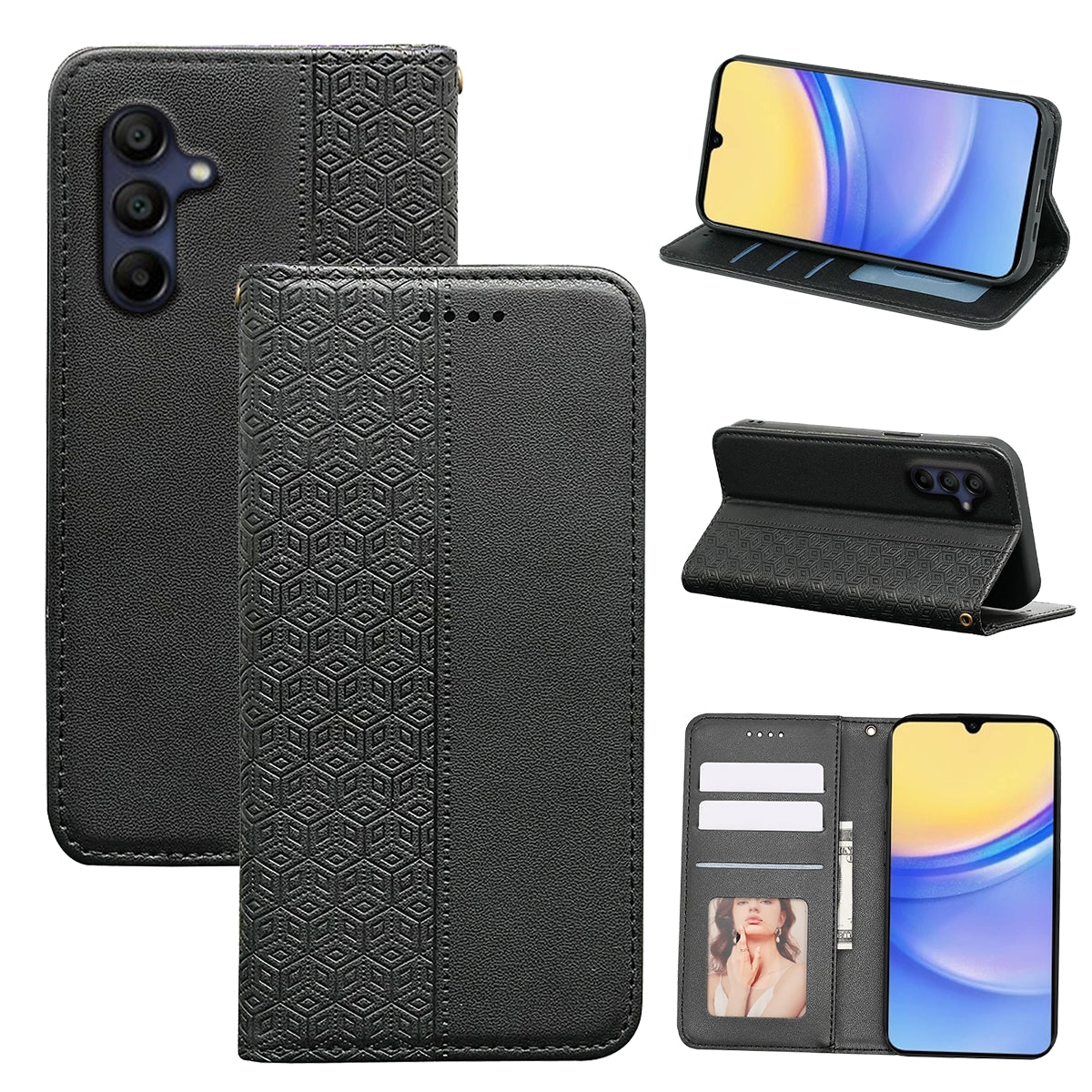 For Samsung Galaxy A16 5G / A16 4G Wallet Phone Case Strong Magnetic Checkered Pattern Imprint Leather Flip Cover - Black