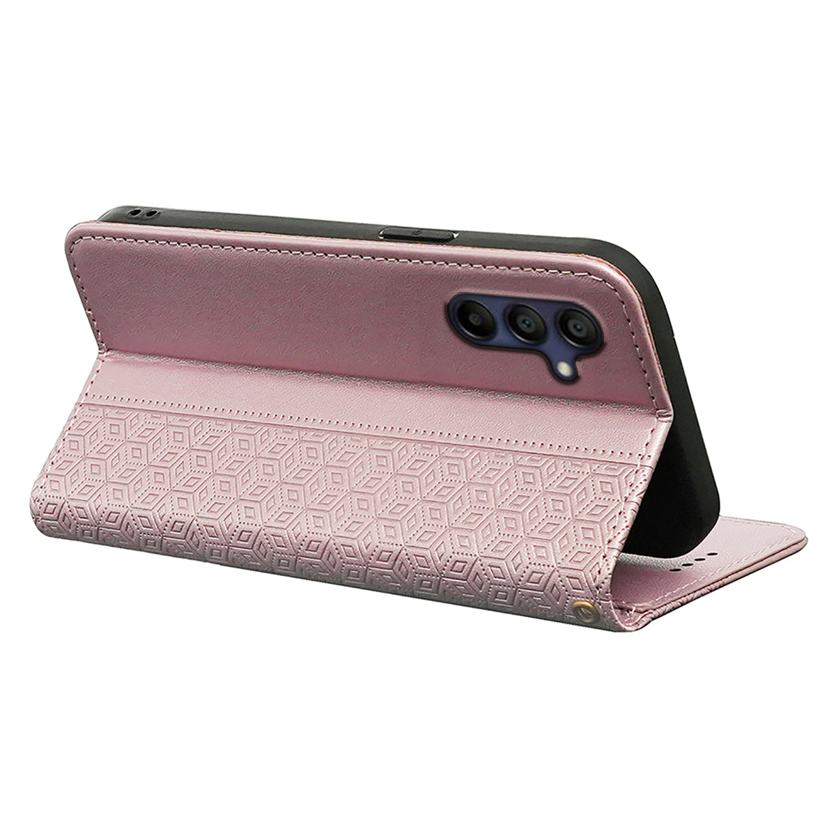 For Samsung Galaxy A16 5G / A16 4G Wallet Phone Case Strong Magnetic Checkered Pattern Imprint Leather Flip Cover - Rose Gold