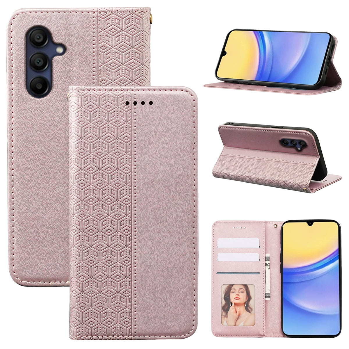 For Samsung Galaxy A16 5G / A16 4G Wallet Phone Case Strong Magnetic Checkered Pattern Imprint Leather Flip Cover - Rose Gold