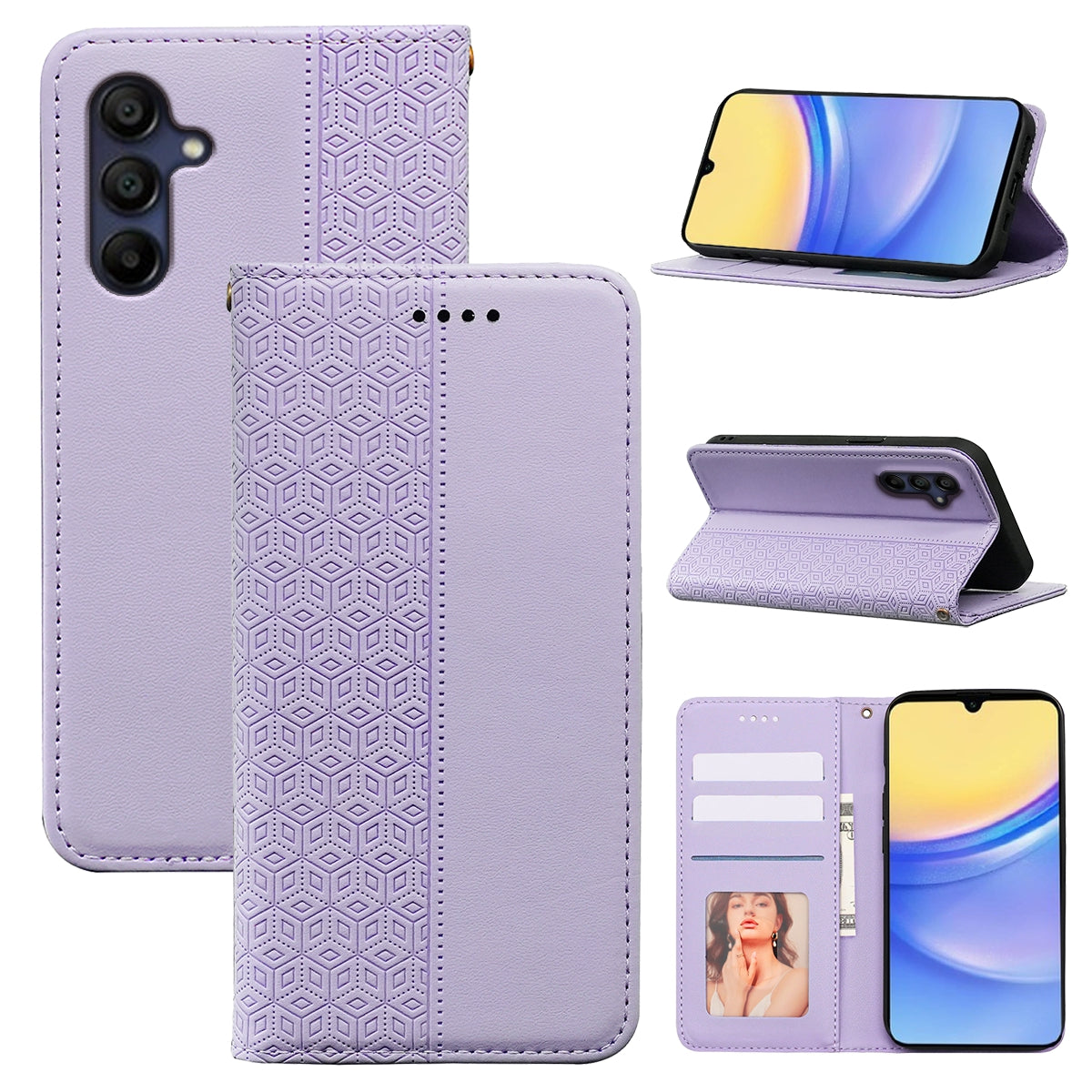 For Samsung Galaxy A16 5G / A16 4G Wallet Phone Case Strong Magnetic Checkered Pattern Imprint Leather Flip Cover - Purple