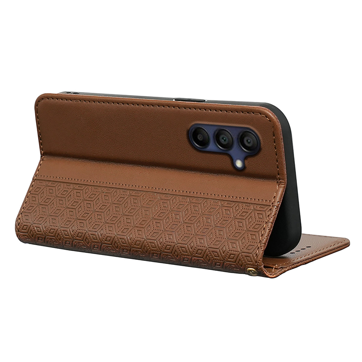 For Samsung Galaxy A16 5G / A16 4G Wallet Phone Case Strong Magnetic Checkered Pattern Imprint Leather Flip Cover - Brown