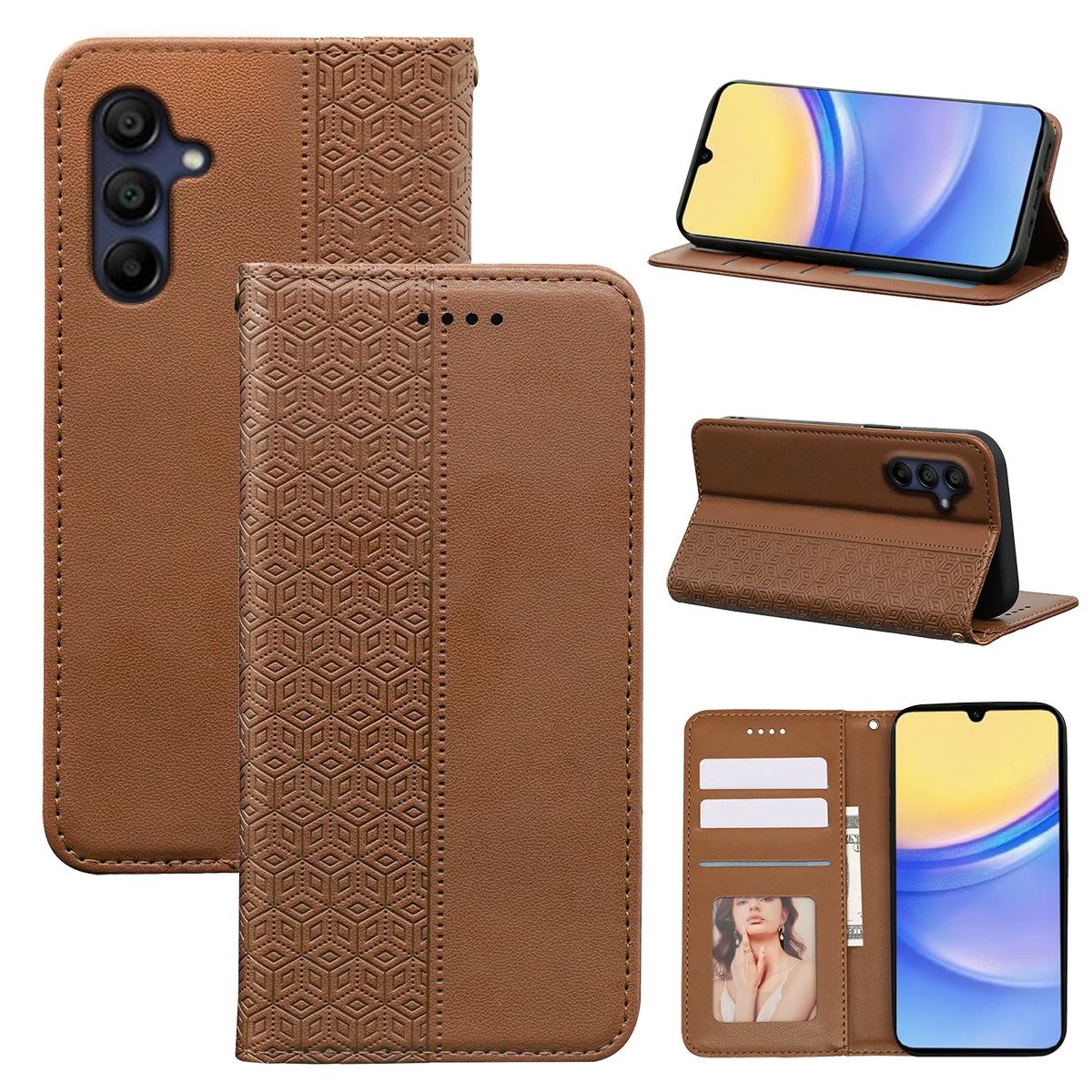 For Samsung Galaxy A16 5G / A16 4G Wallet Phone Case Strong Magnetic Checkered Pattern Imprint Leather Flip Cover - Brown