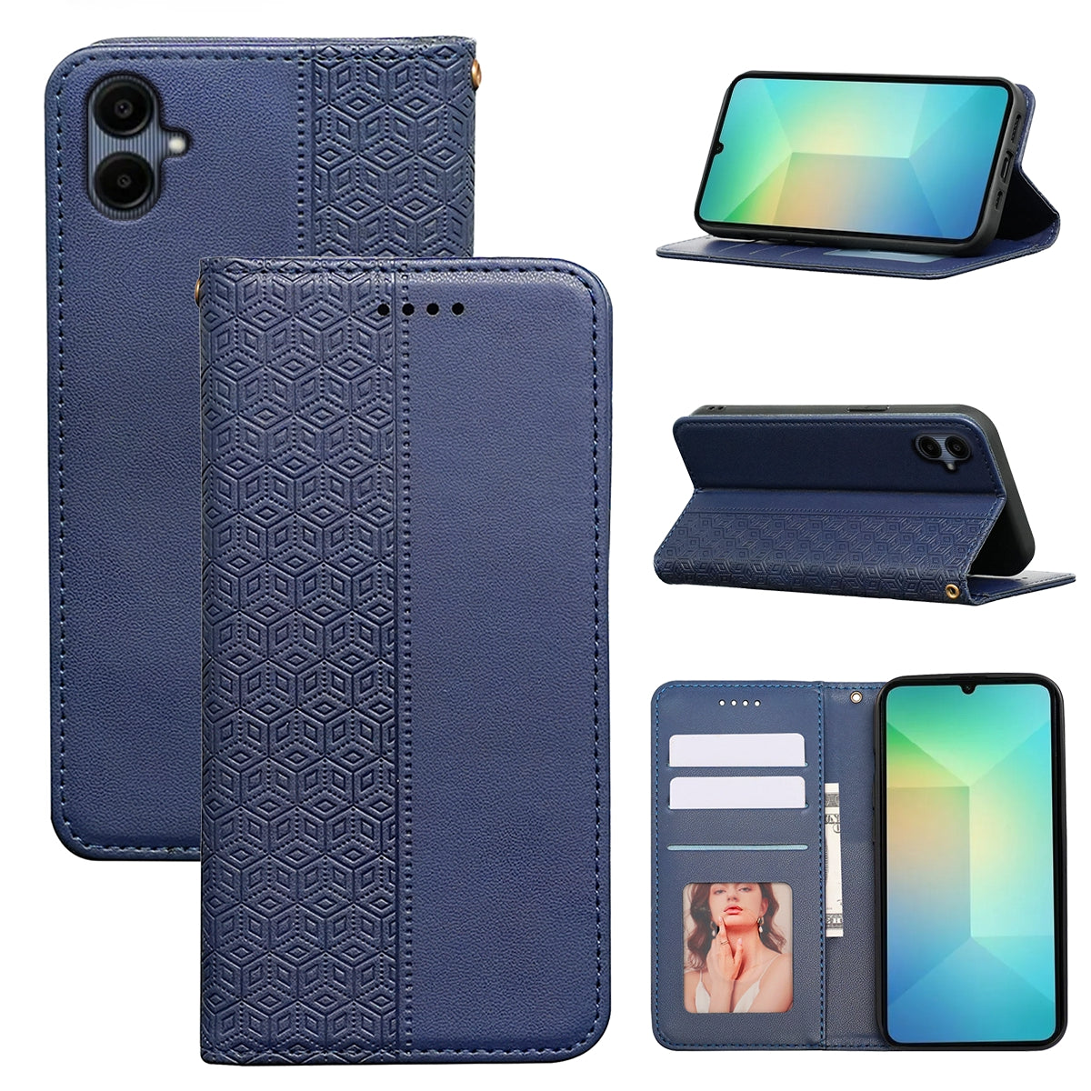 For Samsung Galaxy A06 Wallet Phone Case Strong Magnetic Checkered Pattern Imprint Leather Flip Cover - Blue