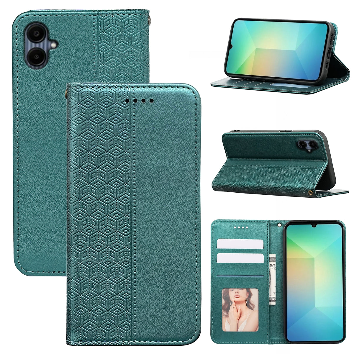 For Samsung Galaxy A06 Wallet Phone Case Strong Magnetic Checkered Pattern Imprint Leather Flip Cover - Green