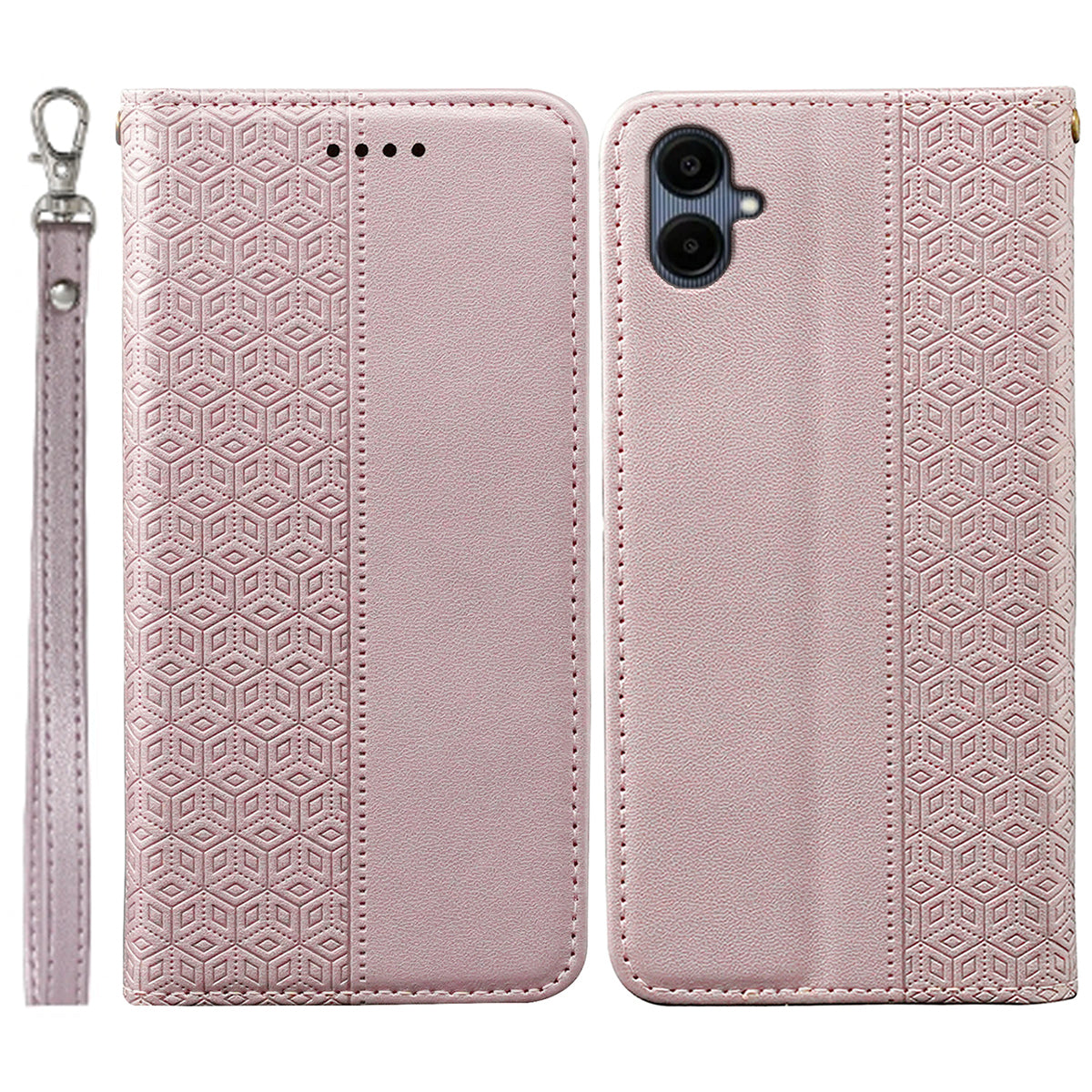 For Samsung Galaxy A06 Wallet Phone Case Strong Magnetic Checkered Pattern Imprint Leather Flip Cover - Rose Gold