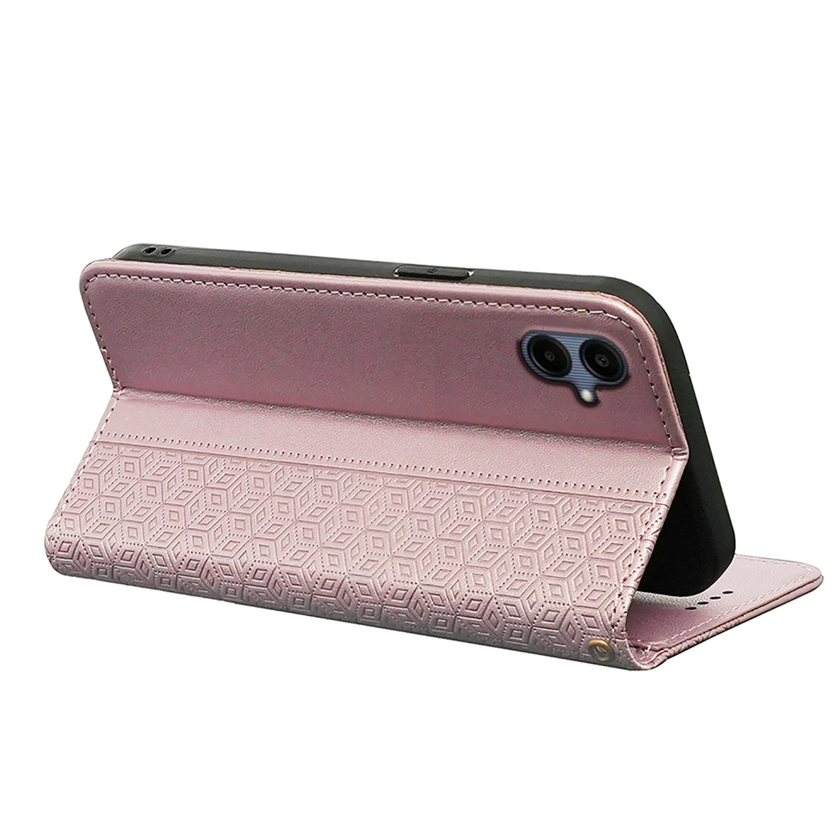 For Samsung Galaxy A06 Wallet Phone Case Strong Magnetic Checkered Pattern Imprint Leather Flip Cover - Rose Gold