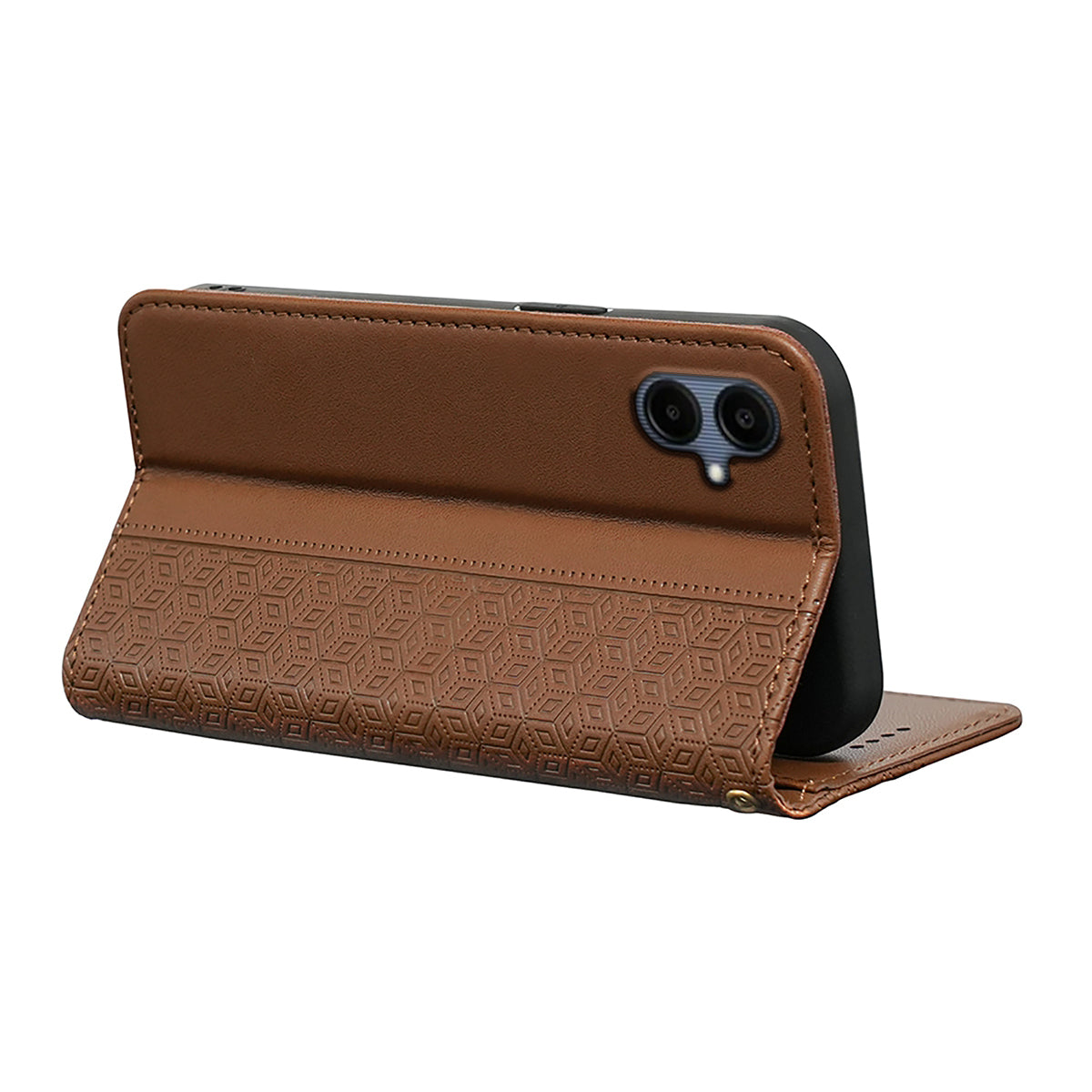 For Samsung Galaxy A06 Wallet Phone Case Strong Magnetic Checkered Pattern Imprint Leather Flip Cover - Brown