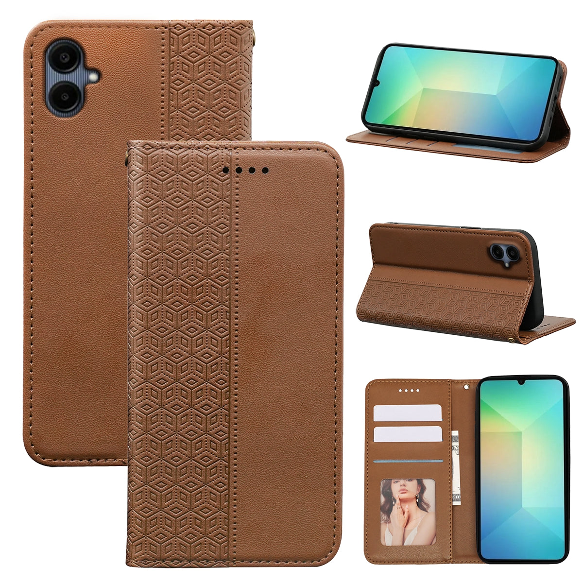 For Samsung Galaxy A06 Wallet Phone Case Strong Magnetic Checkered Pattern Imprint Leather Flip Cover - Brown