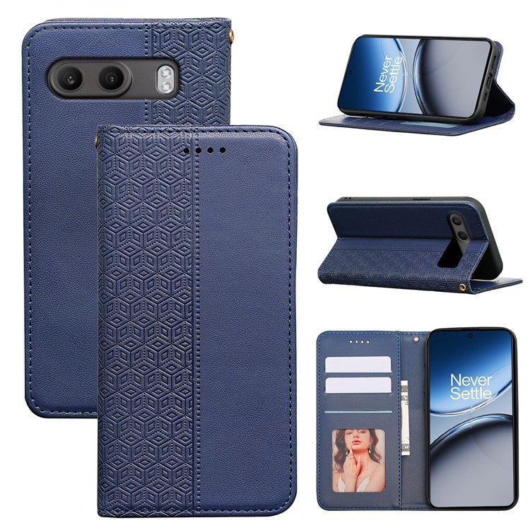 For OnePlus Nord 4 Wallet Phone Case Strong Magnetic Checkered Pattern Imprint Leather Flip Cover - Blue