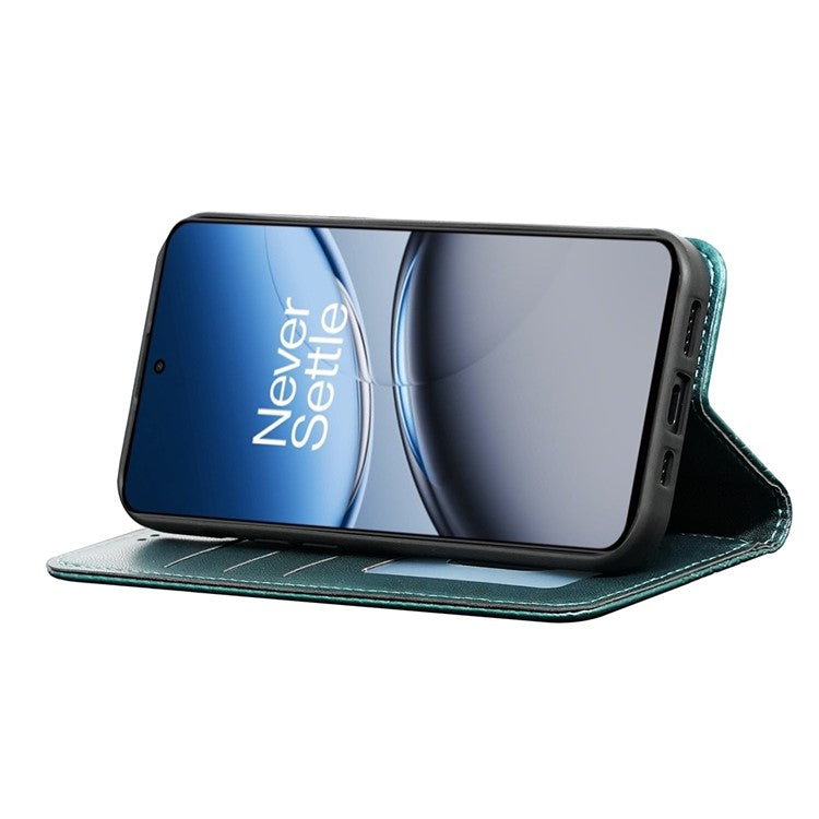 For OnePlus Nord 4 Wallet Phone Case Strong Magnetic Checkered Pattern Imprint Leather Flip Cover - Green