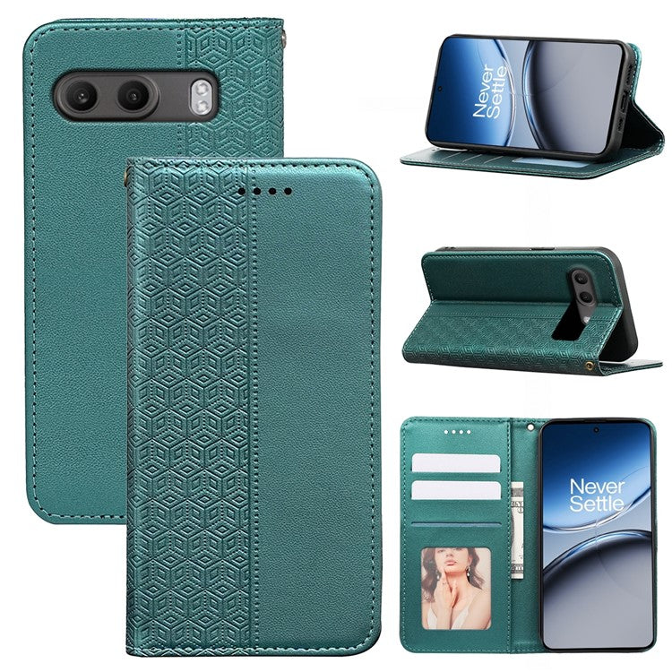 For OnePlus Nord 4 Wallet Phone Case Strong Magnetic Checkered Pattern Imprint Leather Flip Cover - Green