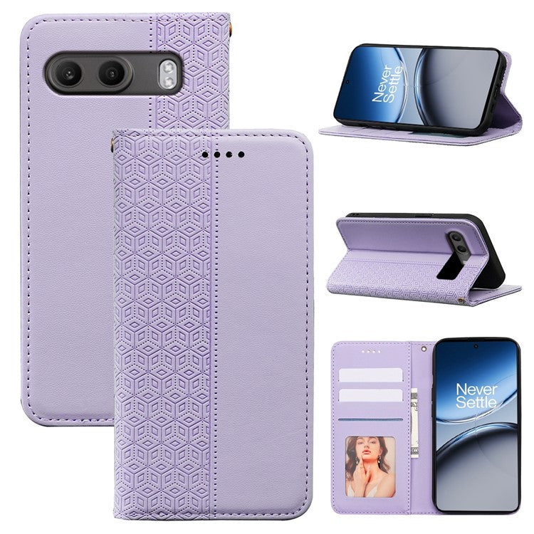 For OnePlus Nord 4 Wallet Phone Case Strong Magnetic Checkered Pattern Imprint Leather Flip Cover - Purple