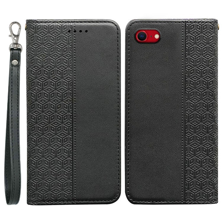 For iPhone 16e Wallet Phone Case Strong Magnetic Checkered Pattern Imprint Leather Flip Cover - Black