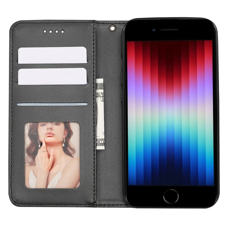 For iPhone 16e Wallet Phone Case Strong Magnetic Checkered Pattern Imprint Leather Flip Cover - Black