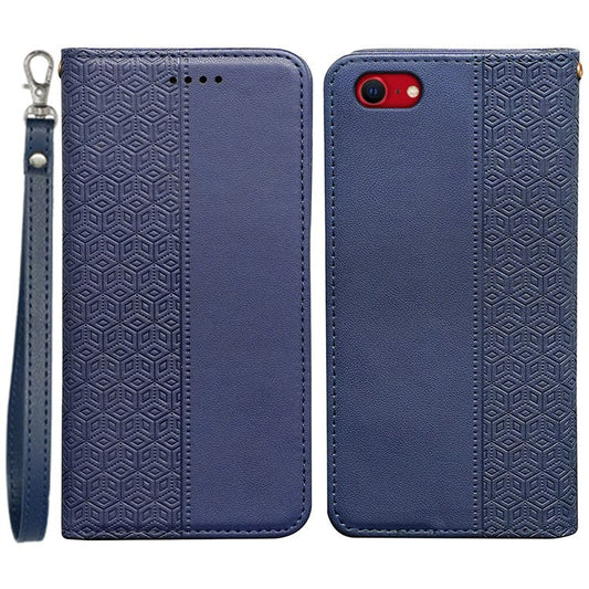 For iPhone 16e Wallet Phone Case Strong Magnetic Checkered Pattern Imprint Leather Flip Cover - Blue