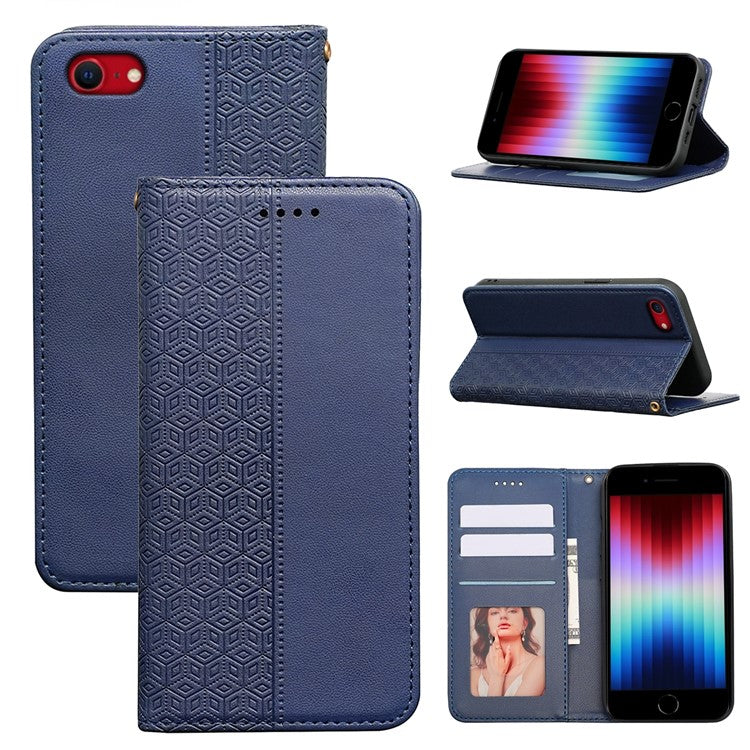 For iPhone 16e Wallet Phone Case Strong Magnetic Checkered Pattern Imprint Leather Flip Cover - Blue