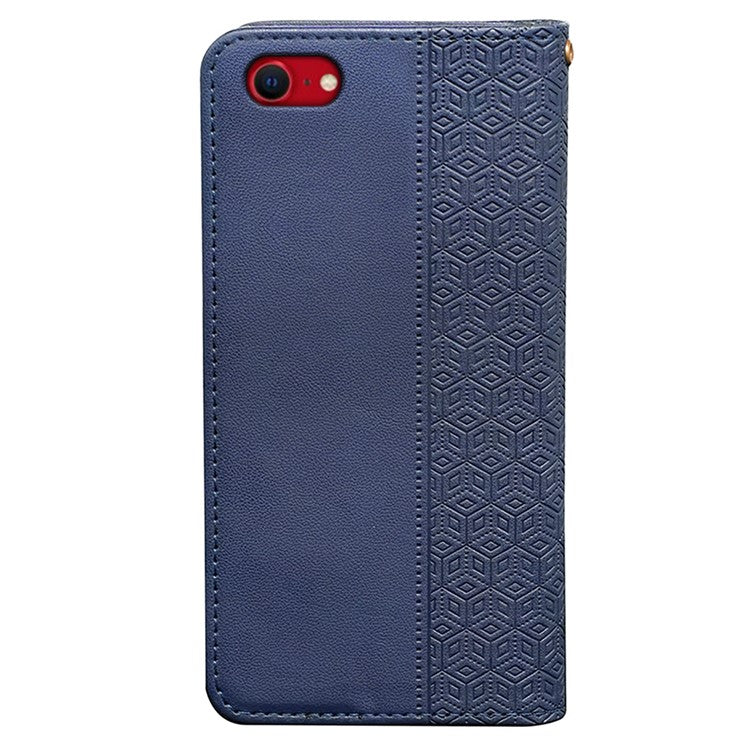 For iPhone 16e Wallet Phone Case Strong Magnetic Checkered Pattern Imprint Leather Flip Cover - Blue