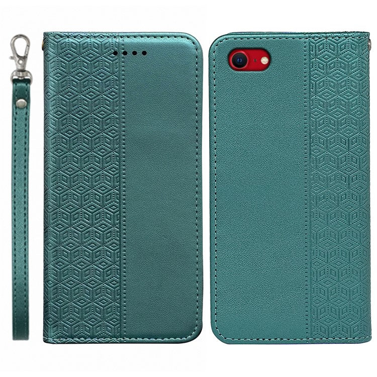 For iPhone 16e Wallet Phone Case Strong Magnetic Checkered Pattern Imprint Leather Flip Cover - Green