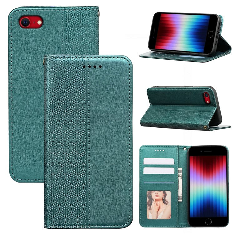 For iPhone 16e Wallet Phone Case Strong Magnetic Checkered Pattern Imprint Leather Flip Cover - Green