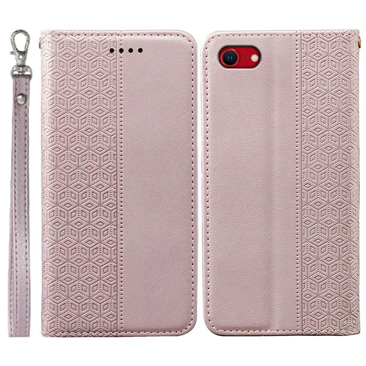 For iPhone 16e Wallet Phone Case Strong Magnetic Checkered Pattern Imprint Leather Flip Cover - Rose Gold