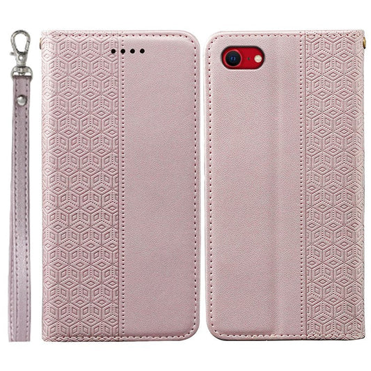 For iPhone 16e Wallet Phone Case Strong Magnetic Checkered Pattern Imprint Leather Flip Cover - Rose Gold