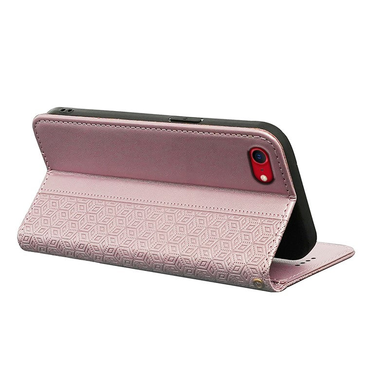 For iPhone 16e Wallet Phone Case Strong Magnetic Checkered Pattern Imprint Leather Flip Cover - Rose Gold