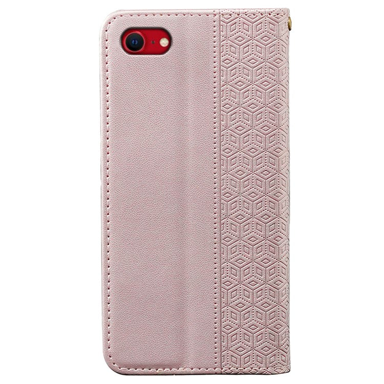 For iPhone 16e Wallet Phone Case Strong Magnetic Checkered Pattern Imprint Leather Flip Cover - Rose Gold