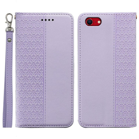 For iPhone 16e Wallet Phone Case Strong Magnetic Checkered Pattern Imprint Leather Flip Cover - Purple