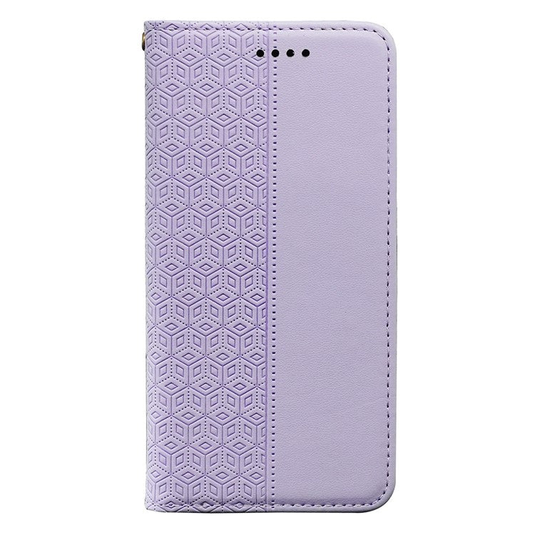 For iPhone 16e Wallet Phone Case Strong Magnetic Checkered Pattern Imprint Leather Flip Cover - Purple