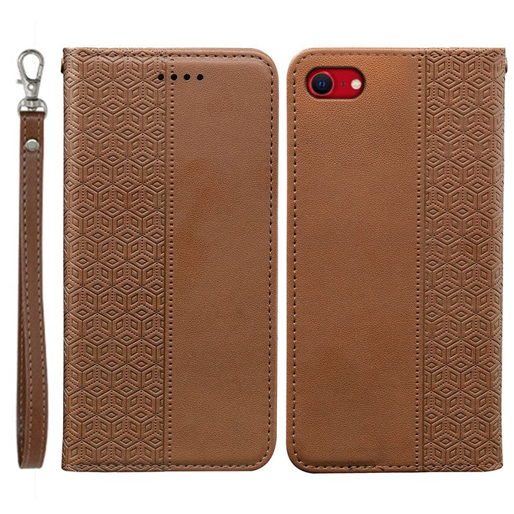For iPhone 16e Wallet Phone Case Strong Magnetic Checkered Pattern Imprint Leather Flip Cover - Brown