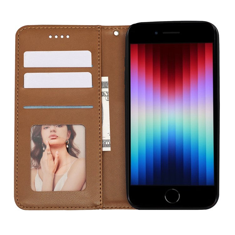 For iPhone 16e Wallet Phone Case Strong Magnetic Checkered Pattern Imprint Leather Flip Cover - Brown