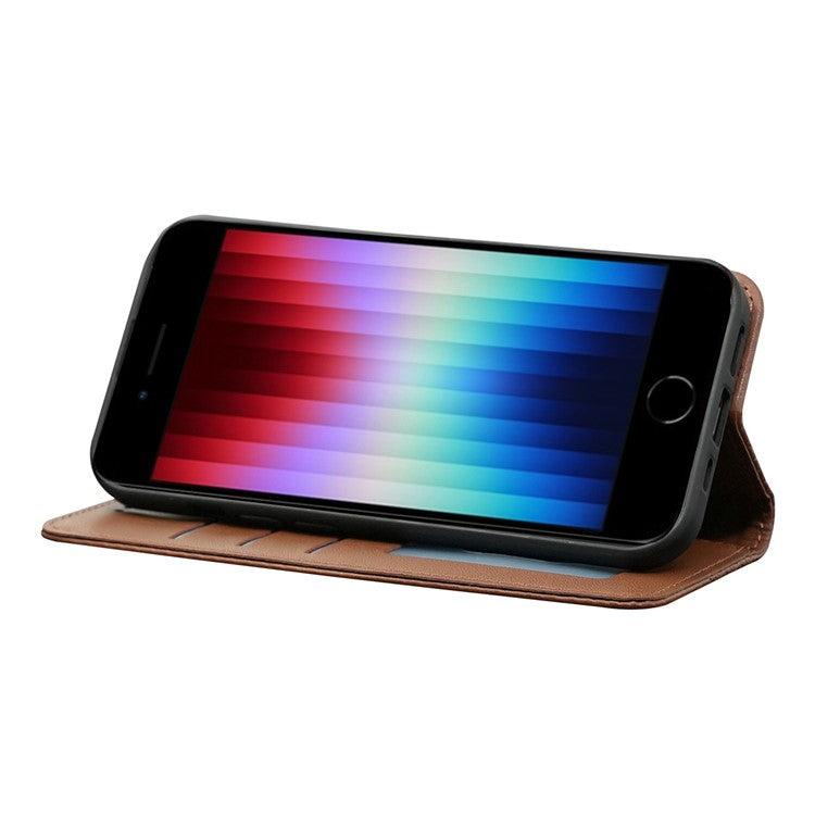 For iPhone 16e Wallet Phone Case Strong Magnetic Checkered Pattern Imprint Leather Flip Cover - Brown