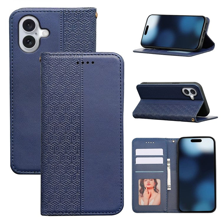 For iPhone 16 Plus Wallet Phone Case Strong Magnetic Checkered Pattern Imprint Leather Flip Cover - Blue