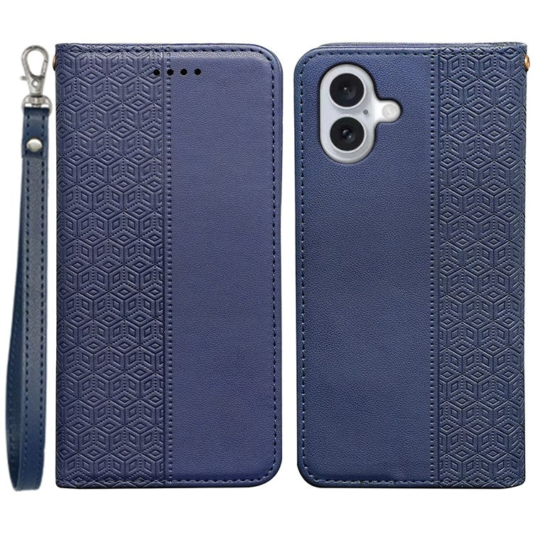 For iPhone 16 Wallet Phone Case Strong Magnetic Checkered Pattern Imprint Leather Flip Cover - Blue