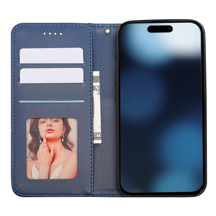 For iPhone 16 Wallet Phone Case Strong Magnetic Checkered Pattern Imprint Leather Flip Cover - Blue