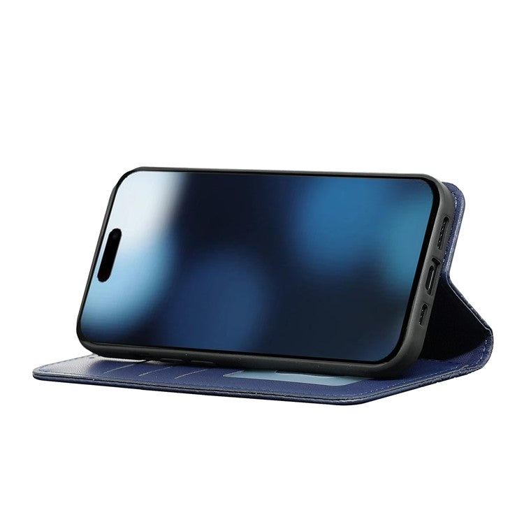 For iPhone 16 Wallet Phone Case Strong Magnetic Checkered Pattern Imprint Leather Flip Cover - Blue