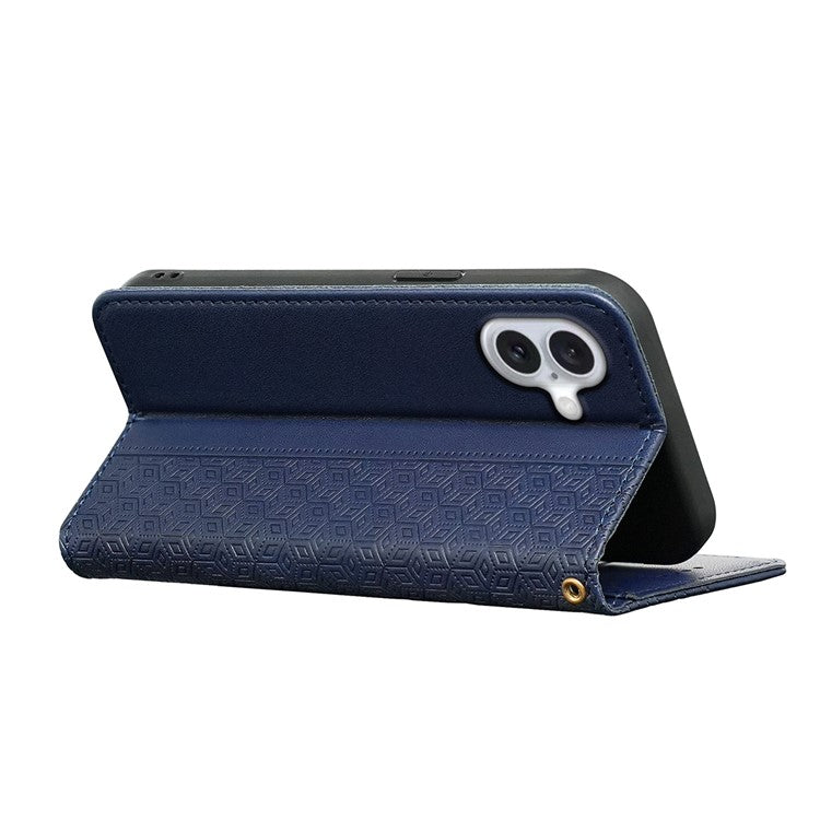 For iPhone 16 Wallet Phone Case Strong Magnetic Checkered Pattern Imprint Leather Flip Cover - Blue